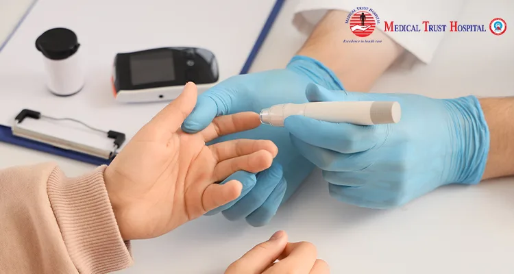 Diabetic girl consulting doctor using lancet pen in clinic